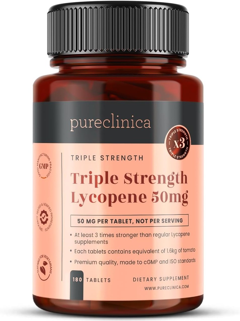 purclinica Lycopène 50mg x 180 comprimés (6 mois d'approvisionnement). 300% Résistance des comprimés lycopènes réguliers