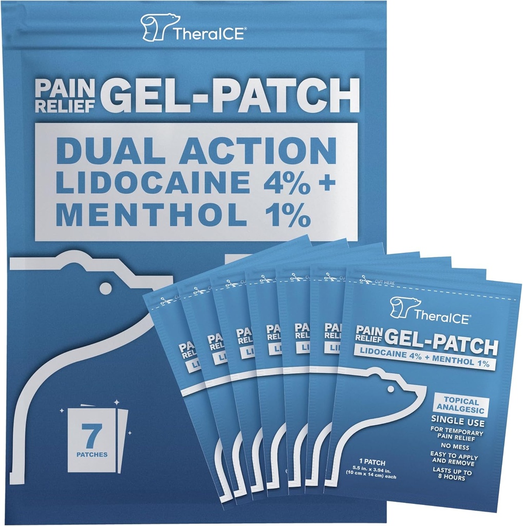 TheraICE Lidocaine Patchs Plus Mentol – Force maximale Hot & ICY Relief froid pour douleurs au dos, au cou et aux épaules – 4% Lidocaine + 1% Mentol, Grande Taille (7 Nombre)