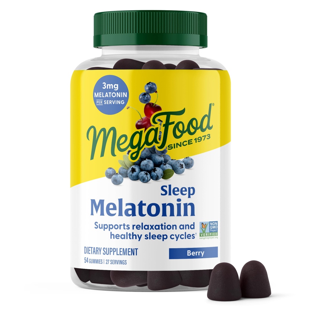 MegaFood Mélatonine Gummies - Mélatonine 3mg par portion pour aider à se détendre et à dormir automnale – Gummies de sommeil pour adultes - Berry Flavor, non-OGM, Vegan certifié - 54 Comte (27 portions)