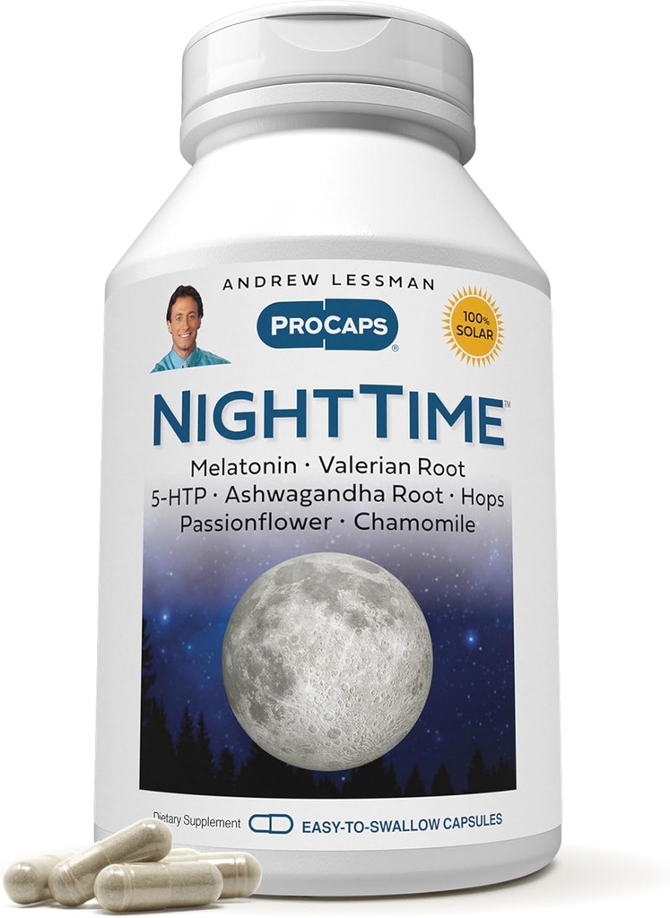 ANDREW LESSMAN Night Time 30 Capsules - 3mg Melatonine, Valérien, Ashwagandha, Passionflower, Hops, Chamomile. Pas de groggie du matin. Soutien naturel, sommeil doux et reposant. Capsules faciles à avaler