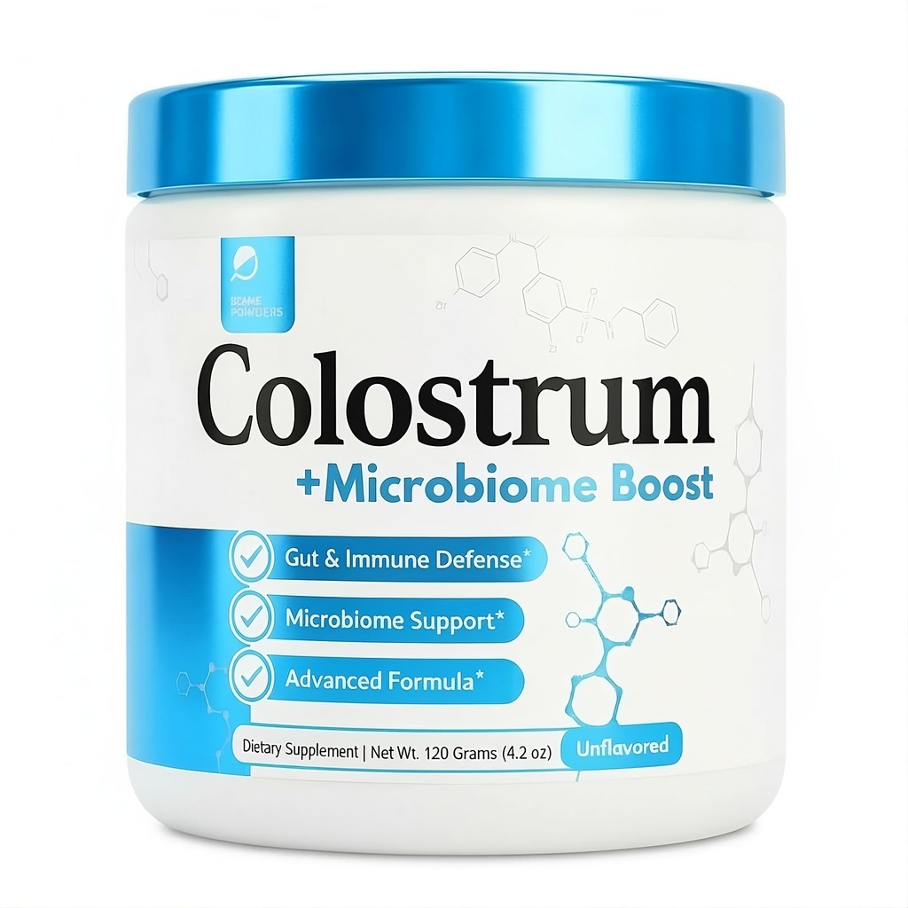 Poudre de colostrum (en poudre) Colostrum bovin alimenté par l'herbe avec Akkermansia Probiotique 1B AFU (en poudre) Microbiome & Gut Support (en anglais) Haute IgG Formule avancée (en anglais) 120 portions