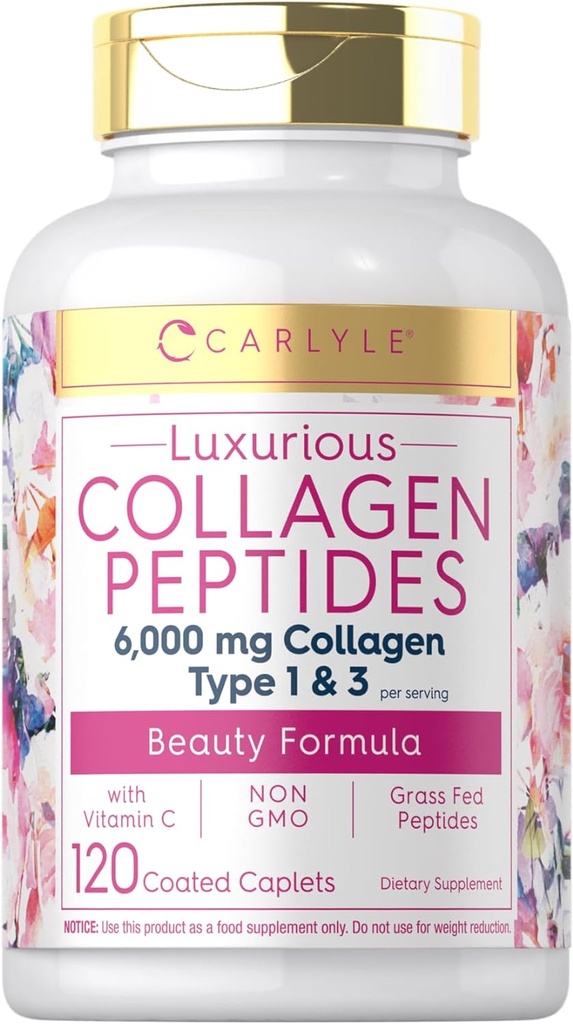 Carlyle Collagène avec vitamine C, 6000mg, 120 Caplets Multi Collagène Peptide Pills, type 1 et 3 , sans OGM, sans gluten, avec herbe