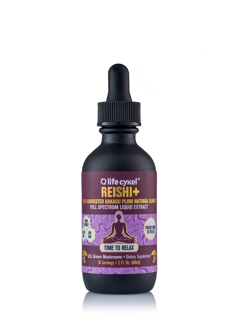 Life Cykel - Reishi Mushroom Extract w/Kakadu Plume- Adaptogène pour l'aide au sommeil, la relaxation et le soutien cellulaire- 100% Champignons organiques, Antioxydants Vitamine C, 2oz (Packaging May Vary)