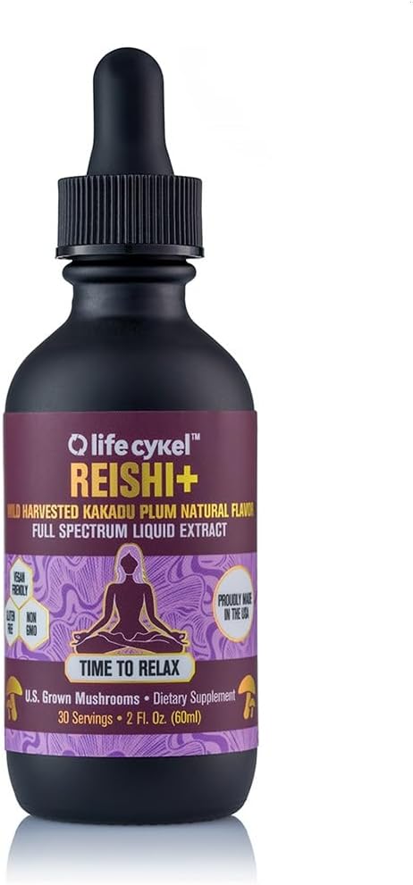 Life Cykel - Reishi Mushroom Extract w/Kakadu Plume- Adaptogène pour l'aide au sommeil, la relaxation et le soutien cellulaire- 100% Champignons organiques, Antioxydants Vitamine C, 2oz (Packaging May Vary)