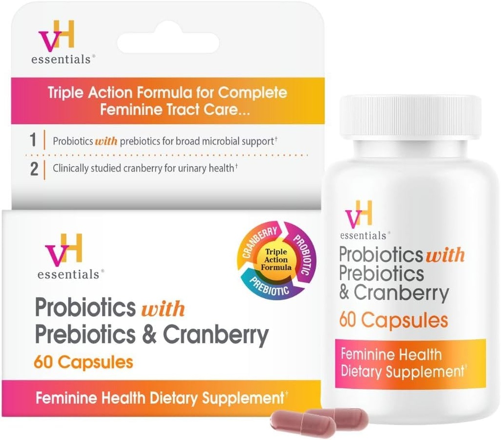 vH Essentials Probiotiques pour les femmes avec prébiotiques, canneberges et vitamine C - 60 capsules (30 jours d'approvisionnement) - Probiotiques pour les femmes soutenir l'équilibre gustatif, la santé féminine et la santé urinaire pour les femmes