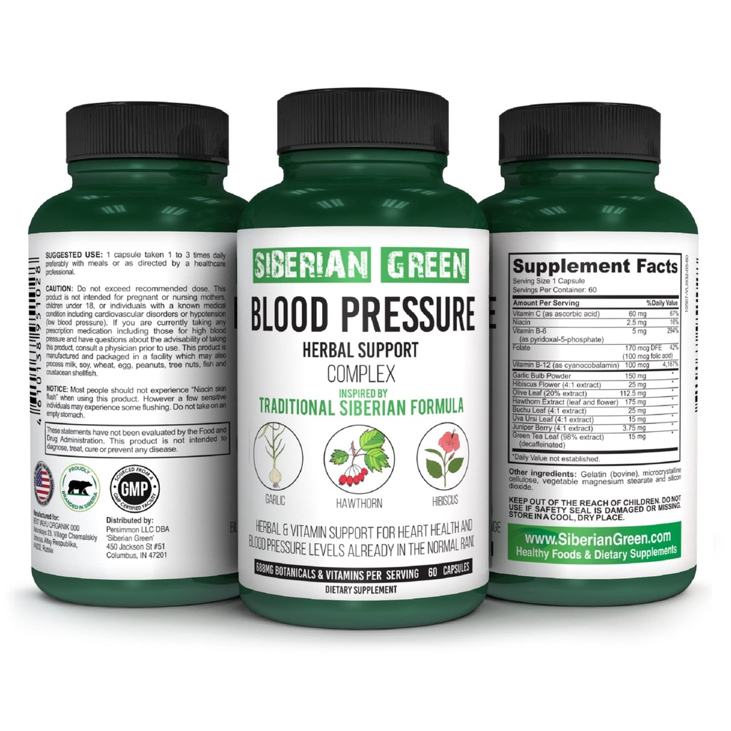 Support à base de plantes pour la pression cardiaque du sang vert sibérien - Hawthorn, Hibiscus, Ail - 60 Capsules - Formule traditionnelle sibérienne