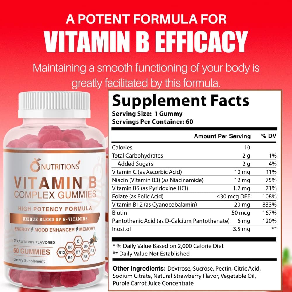 O NUTRITIONS Gommes véganes complexes de vitamine B avec la vitamine B12, B7 comme biotine, B6, B3 comme niacine, B5, B6, B8, B9 comme folate pour le stress, l'énergie et un système immunitaire sain (1 paquet)