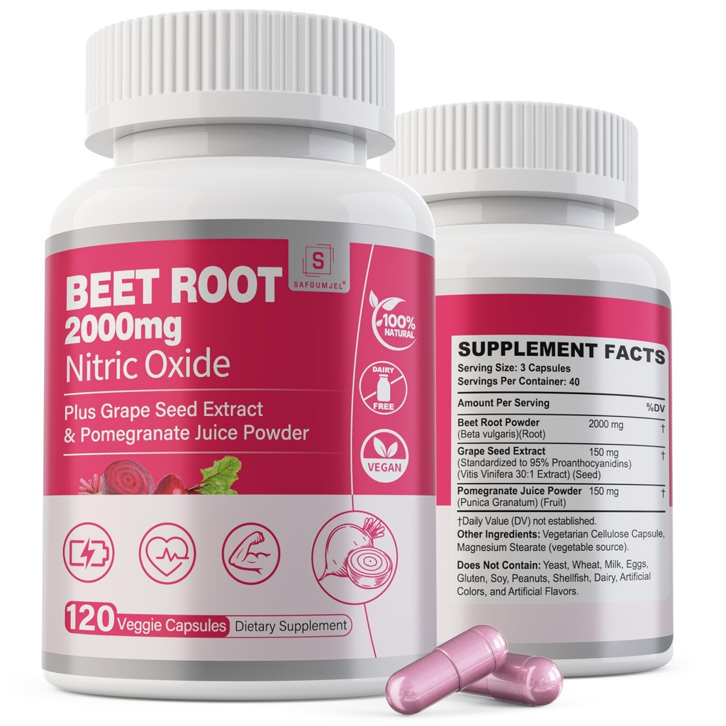 Capsules de racines de betterave 2000mg Suppléments d'oxyde nitrique avec extrait de graines de raisin, extrait de grenade soutient la circulation et le flux sanguin, énergie pour les hommes/femmes, poudre de betterave biologique, non OGM, 240 chiffres