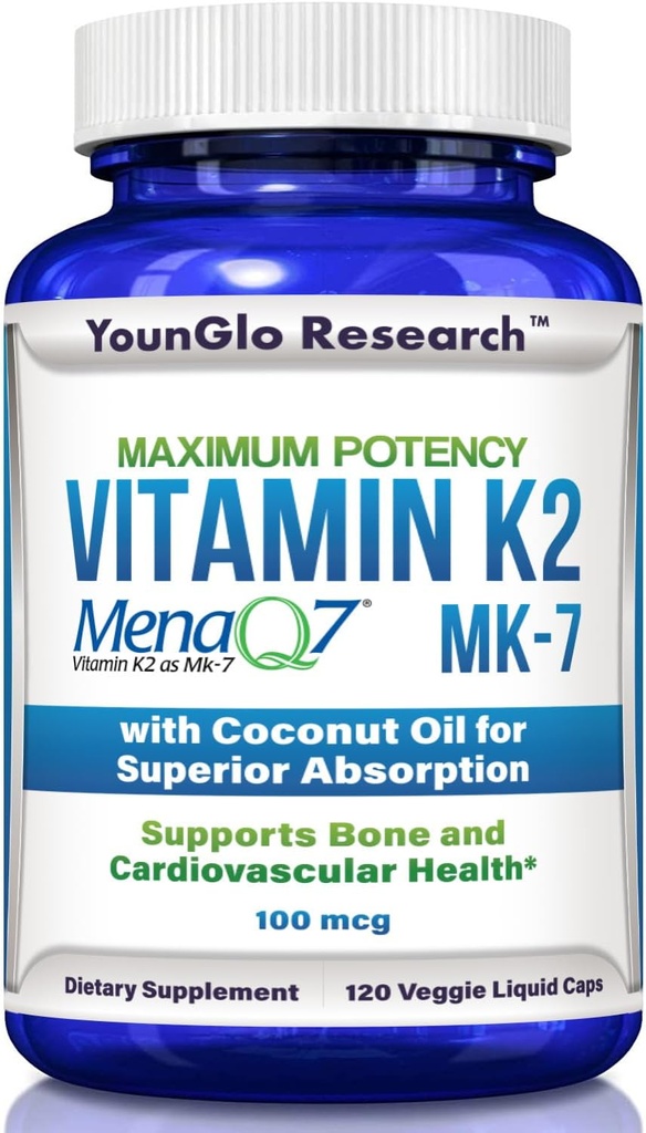 Vitamin K2 MK7 (MenaQ7) 100 mcg w/Coconut Oil for Superior Absorption, Dietary Health Supplement, 120 Vegan Liquid Capsules to Support Bone Strength & Density for Adults Women & Men