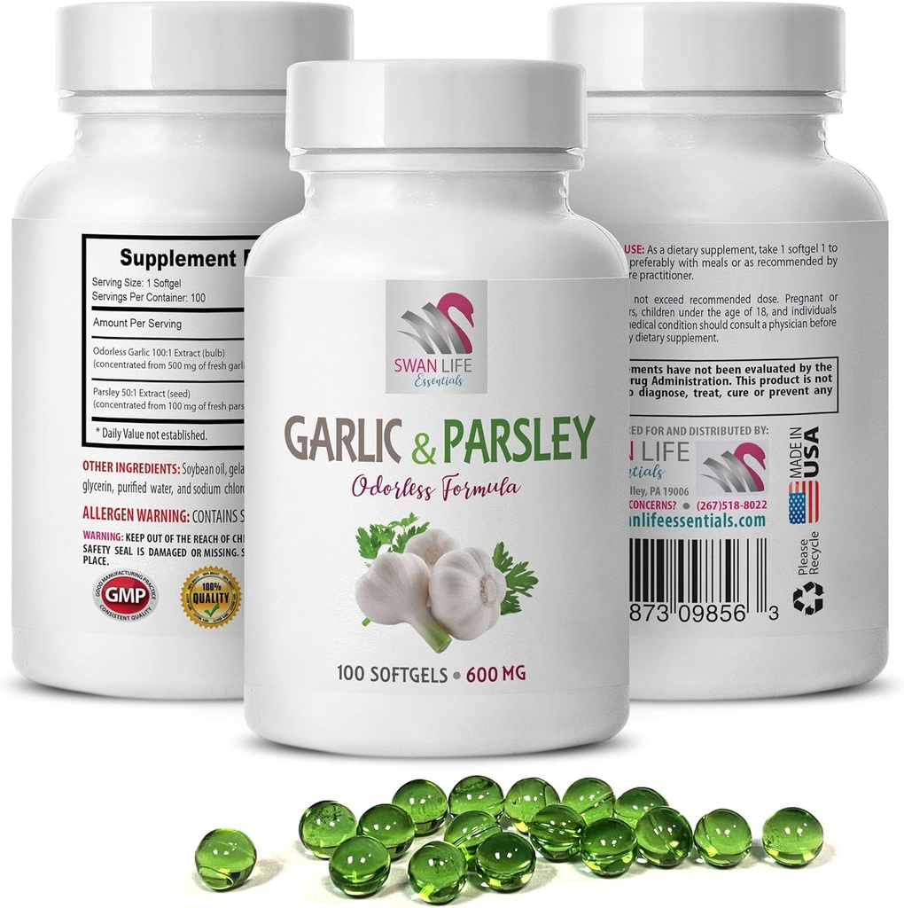 suppléments anti-oxydants - GARLIQUE ET PARSLEY ODORLESS FORMULE - suppléments d'ail, suppléments d'ail et de persil, suppléments de persil, suppléments d'ail inodore, persil - 1B 100 Softgels