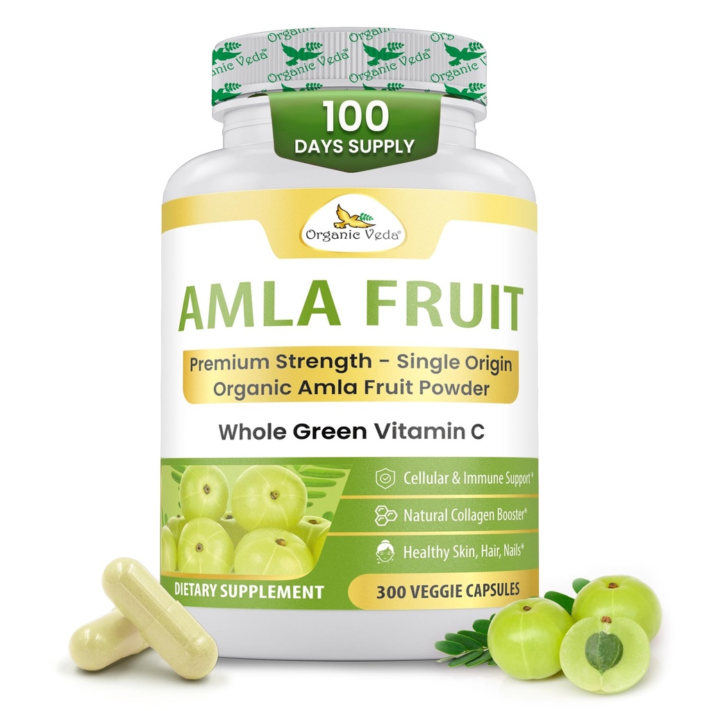 Capsules Veda Amla organiques - 1500mg, 300 Capsules Poudre d'amla de fruits entiers organiques - Vitamine C naturelle pour l'immunité, radiance cutanée, antioxydants - végétalien, non OGM, suppléments de vitamine C brute