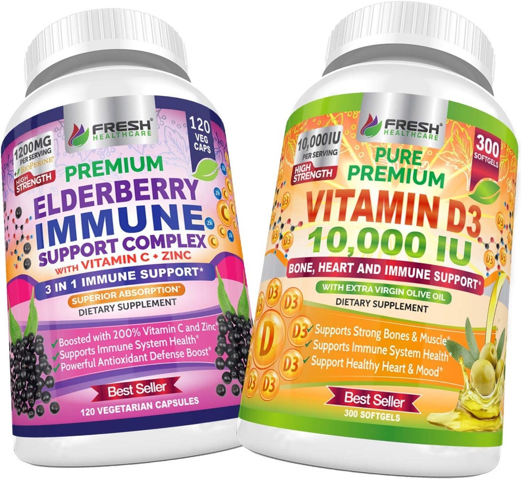 FRESH HEALTHCARE Elderberry Immune Support et vitamine D3 10,000 UI - Bundle