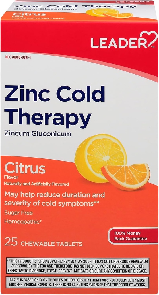 LEADER Zinc Cold Therapy Comprimés chirurgicaux, Supplément de zinc homéopathique non somnolent, réduit la durée et la gravité des symptômes du rhume, traitement à froid à action rapide, Citrus Flavor, sans sucre, 25 Compte