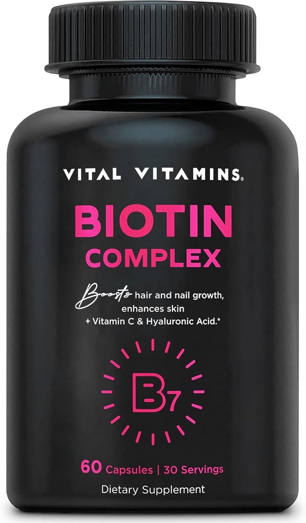 Vitamines vitales Pilules complexes de biotine - avec acide hyaluronique, MSM, collagène et vitamine C - Supplément pour cheveux, peau et ongles - 60 Capsules