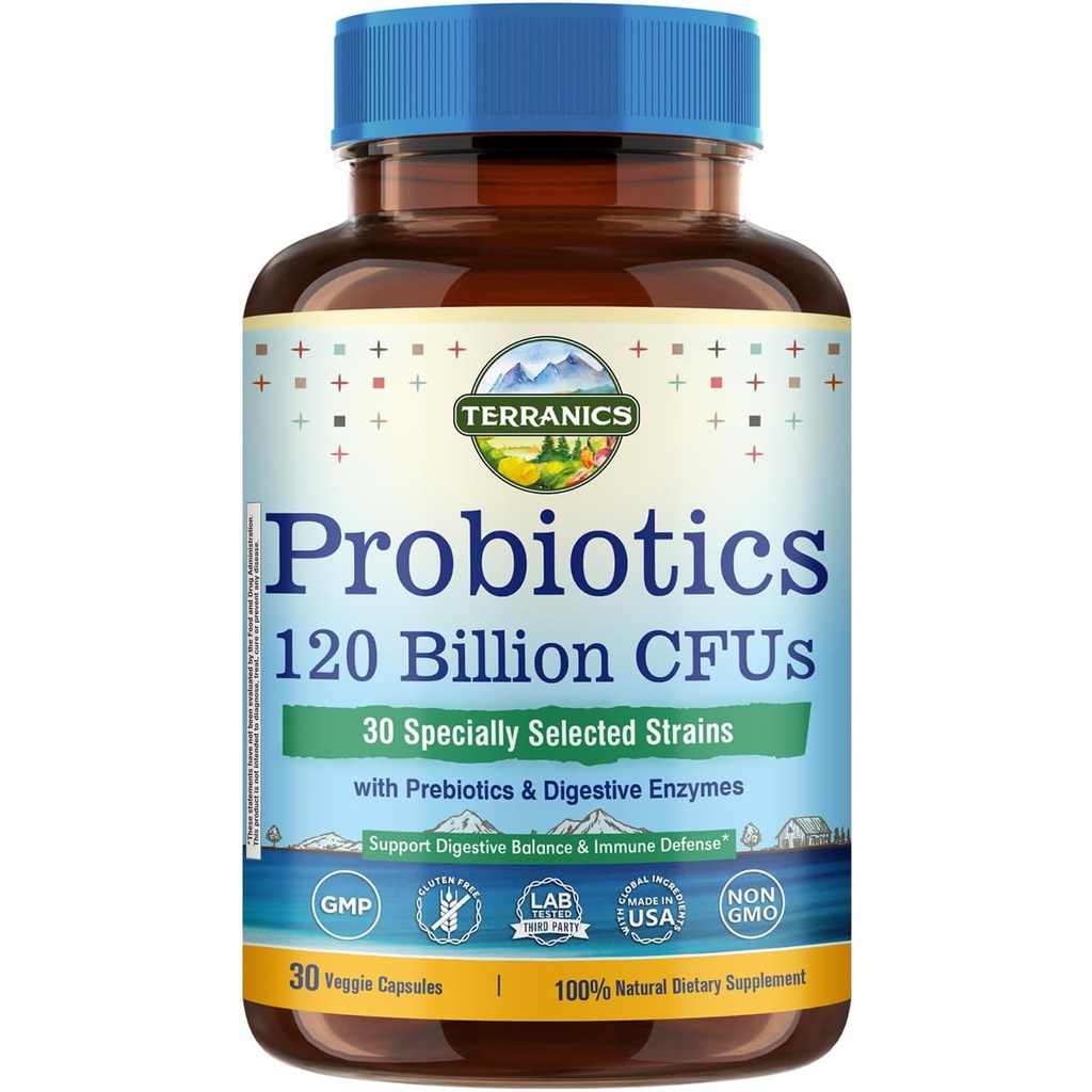 Terranics Probiotiques 120 milliards avec prébiotiques et enzymes digestives, 30 souches testées, digestion complète et soutien immunitaire, non-OGM, NO Soy, laiterie et gluten, pour les hommes et les femmes, 30 capsules de légumes