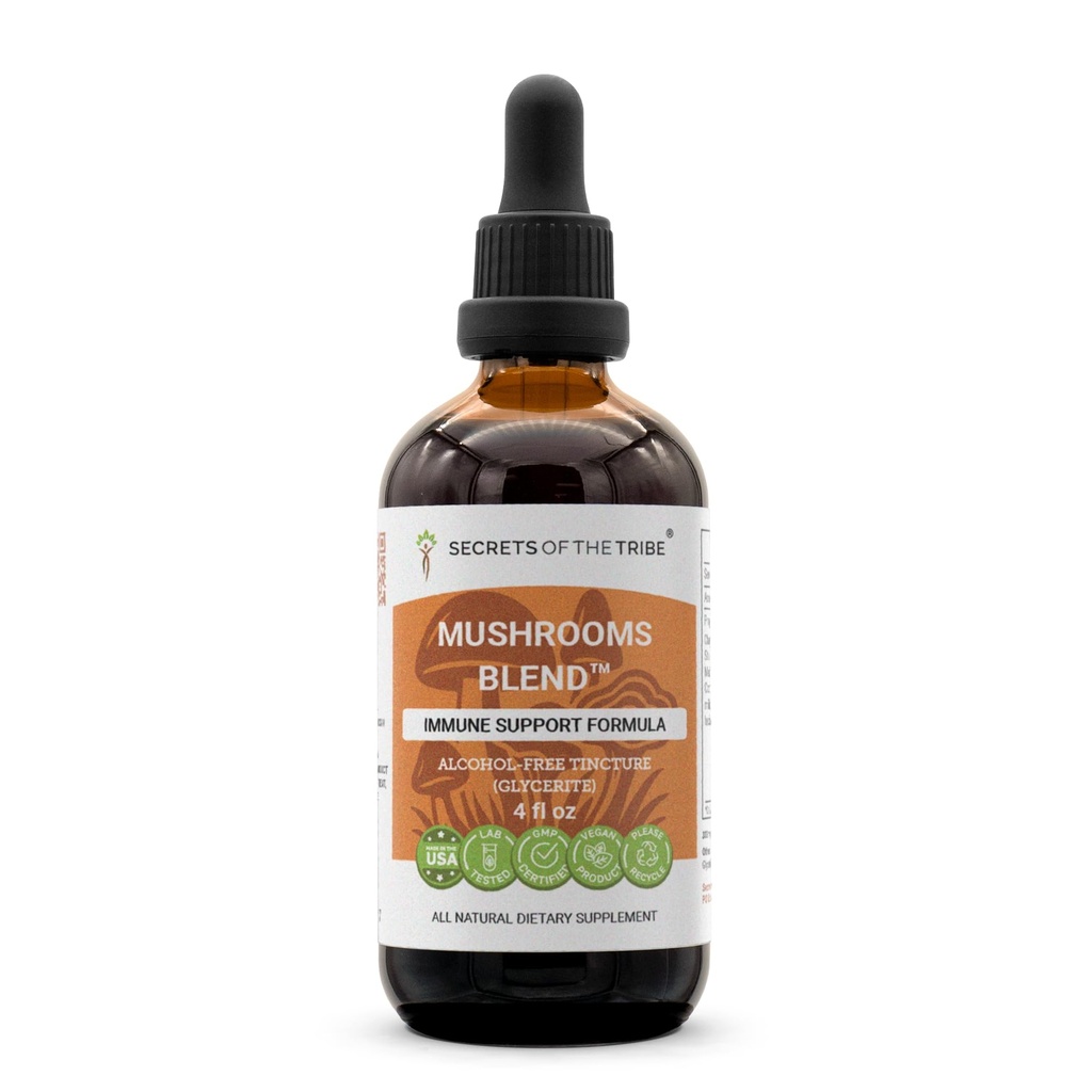 Secrets of the Tribe Mushrooms Blend Alcohol-Free, Glycerite Chaga, Shiitake, Maitake, Cordyceps, Reishi Mushroom. Teinture, extrait d'herbe Immune Support Formule 4 OZ