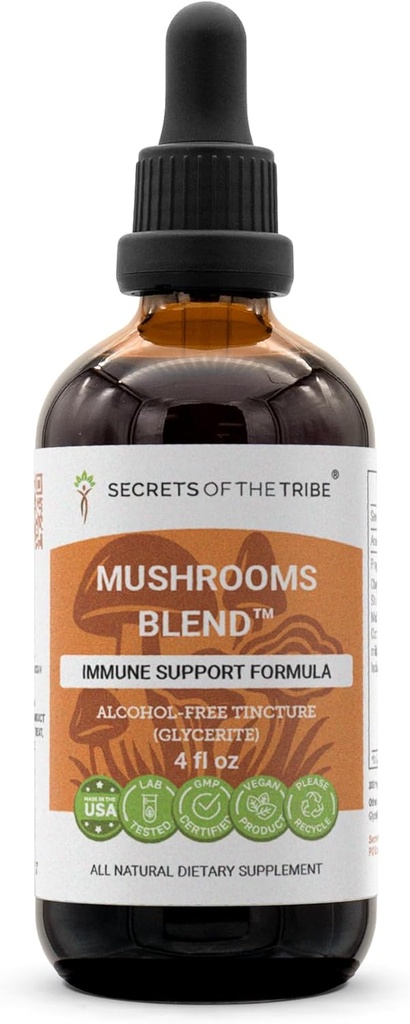 Secrets of the Tribe Mushrooms Blend Alcohol-Free, Glycerite Chaga, Shiitake, Maitake, Cordyceps, Reishi Mushroom. Tincture, Herbal Extract Immune Support Formula 4 OZ