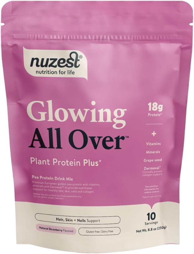 Nuzest Protein Plus , Glissement Tout sur , Fraise , Soutien des cheveux, de la peau, des ongles et de la production de collagène sain , Vitamines et minéraux 8,8oz/ 250g (10 portions)