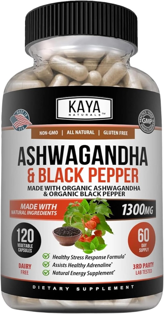 Kaya Naturals Ashwagandha 1300mg, 120 Count Capsules for Stress Relief, Adrenal, Mood & Thyroid Support, Black Pepper and 100% Pure Ashwagandha -120 Capsules