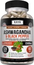 Kaya Naturals Ashwagandha 1300mg, 120 Capsules de dénombrement pour le soulagement du stress, le soutien adrénal, l'humeur et la thyroïde, le poivre noir et 100% pur Ashwagandha -120 Capsules