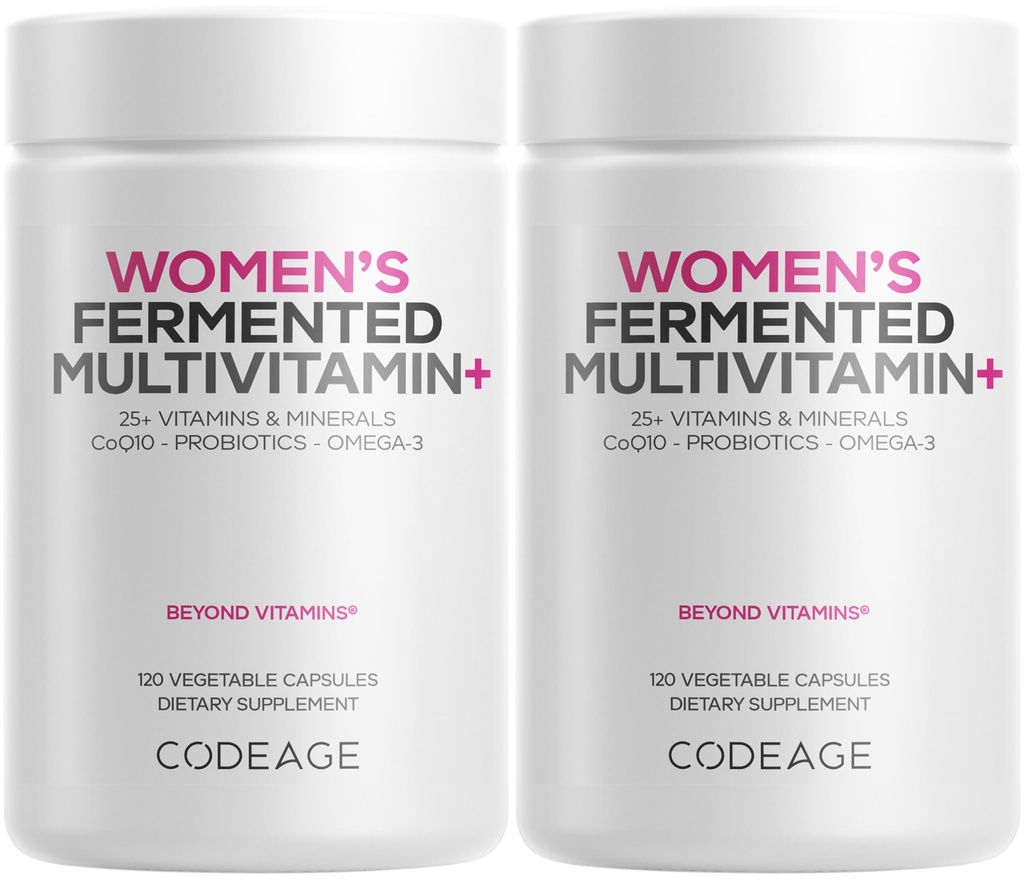 Codeage Femmes Multivitamines quotidiennes, 25+ Vitamines et minéraux, Fermentés, Aliments organiques entiers, Supplément probiotiques - Vitamine A, B, C, D, E & K, Omega 3, Zinc – Vegan - 2 Pack