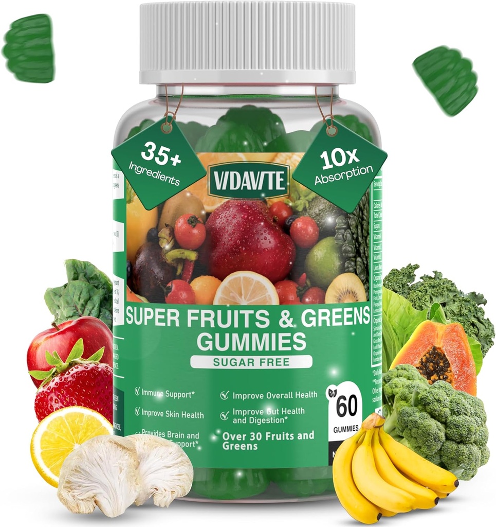 Gommies sans sucre Super Greens — Fabriqués aux États-Unis, plus de 35 gommies de fruits et de légumes pour stimuler l'immunité, la peau et la santé des gommies — Supplément idéal pour les fruits et légumes pour les adultes et les adolescents piquants (30 jours d'approvisionnement)