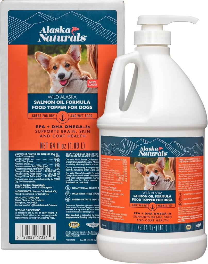 Alaska Naturals Wild Alaskan Salmon Fish Oil Supplement for Dogs Peau and Coat with EPA DHA Omega 3 Fatty Acides Liquid Food Topper 64 oz. Pompe