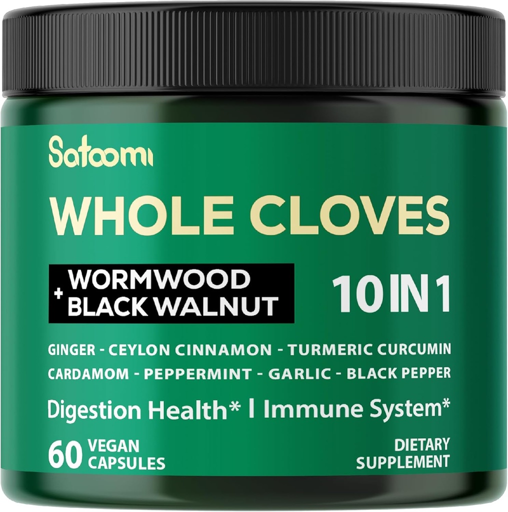 Satoomi 10in1 Supplément de girofle riche en vitamines et minéraux pour le système digestif, immunitaire, os et santé cardiaque avec wormwood, noyer noir, cannelle, curcuma, gingembre, cardamome - 60 capsules