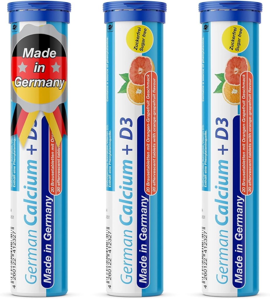 Allemand Calcium + Vitamine D Boissons Comprimés effervescents 60 portions Arôme orange-grapefruit - 500 mg Calcium, 2,5 μg Vitamine D3 - T&D Pharma – Fabriqué en Allemagne