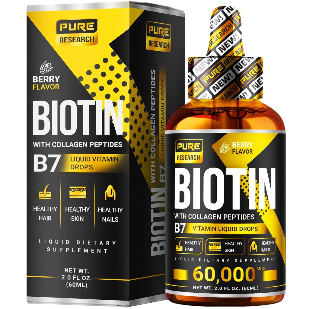 Biotine liquide et collagène gouttes de croissance des cheveux 60 000 mcg - Biotine et supplément de collagène liquide pour les hommes et les femmes - Glowing Skin Support, Healthy Hair & Nail Growth - 2oz