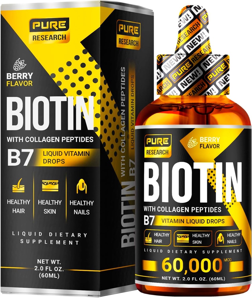 Biotine liquide et collagène gouttes de croissance des cheveux 60 000 mcg - Biotine et supplément de collagène liquide pour les hommes et les femmes - Glowing Skin Support, Healthy Hair & Nail Growth - 2oz