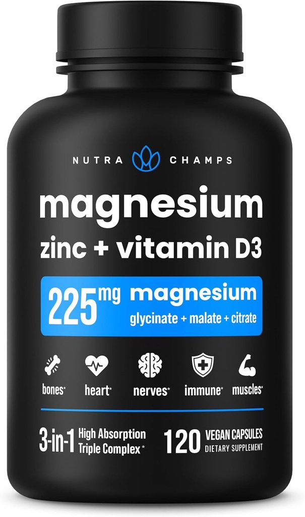 NutraChamps supplément de zinc et de vitamine D3 - La plupart des formes biodisponibles; Magnésium Glycinate, Malate, Citrate - Bone, Muscle et Santé cardiovasculaire, Soutien immunitaire - 120 Capsules Vegan