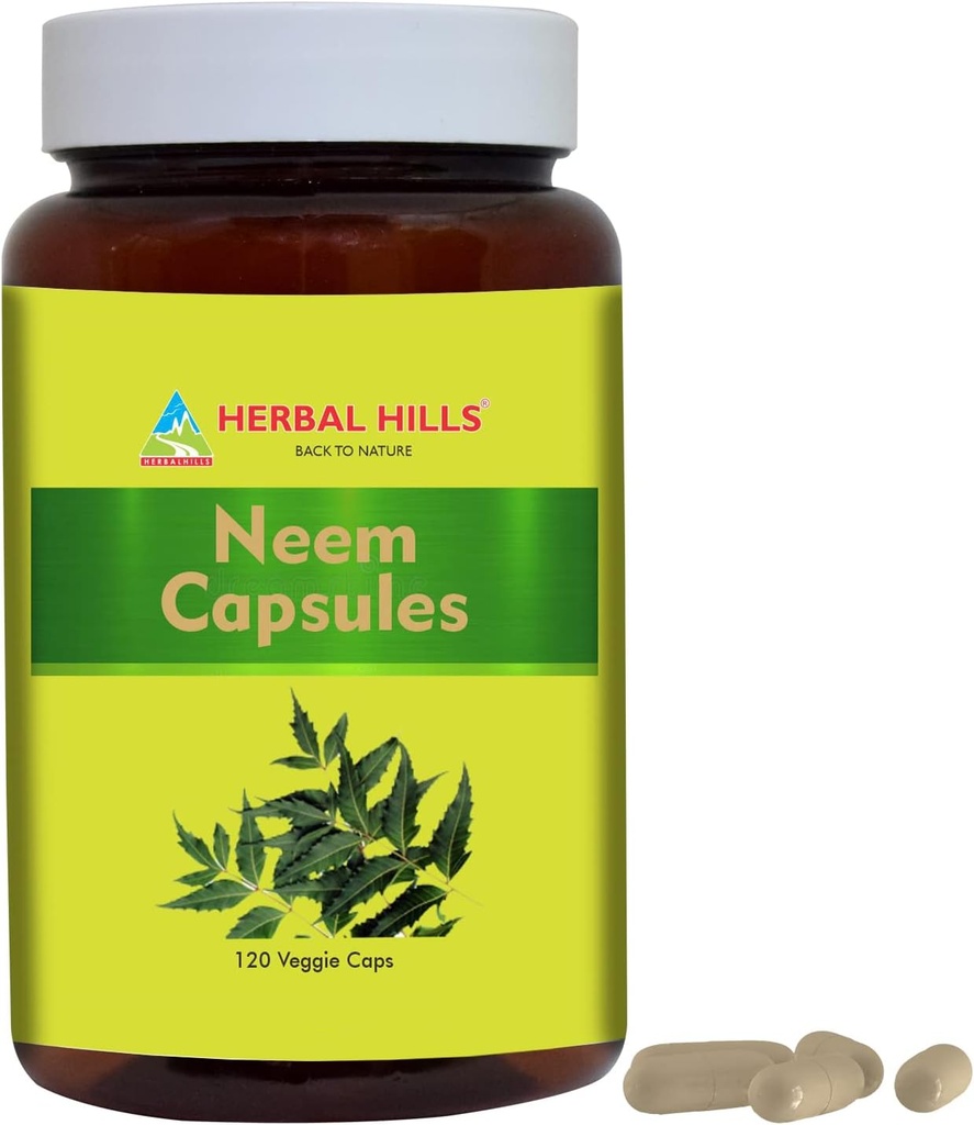 HERBAL HILLS Neem Capsules 120 Vegie Capsules Neem Leaf Azadirachta Indica 700 mg Powder and Extract Blend in a Capsule