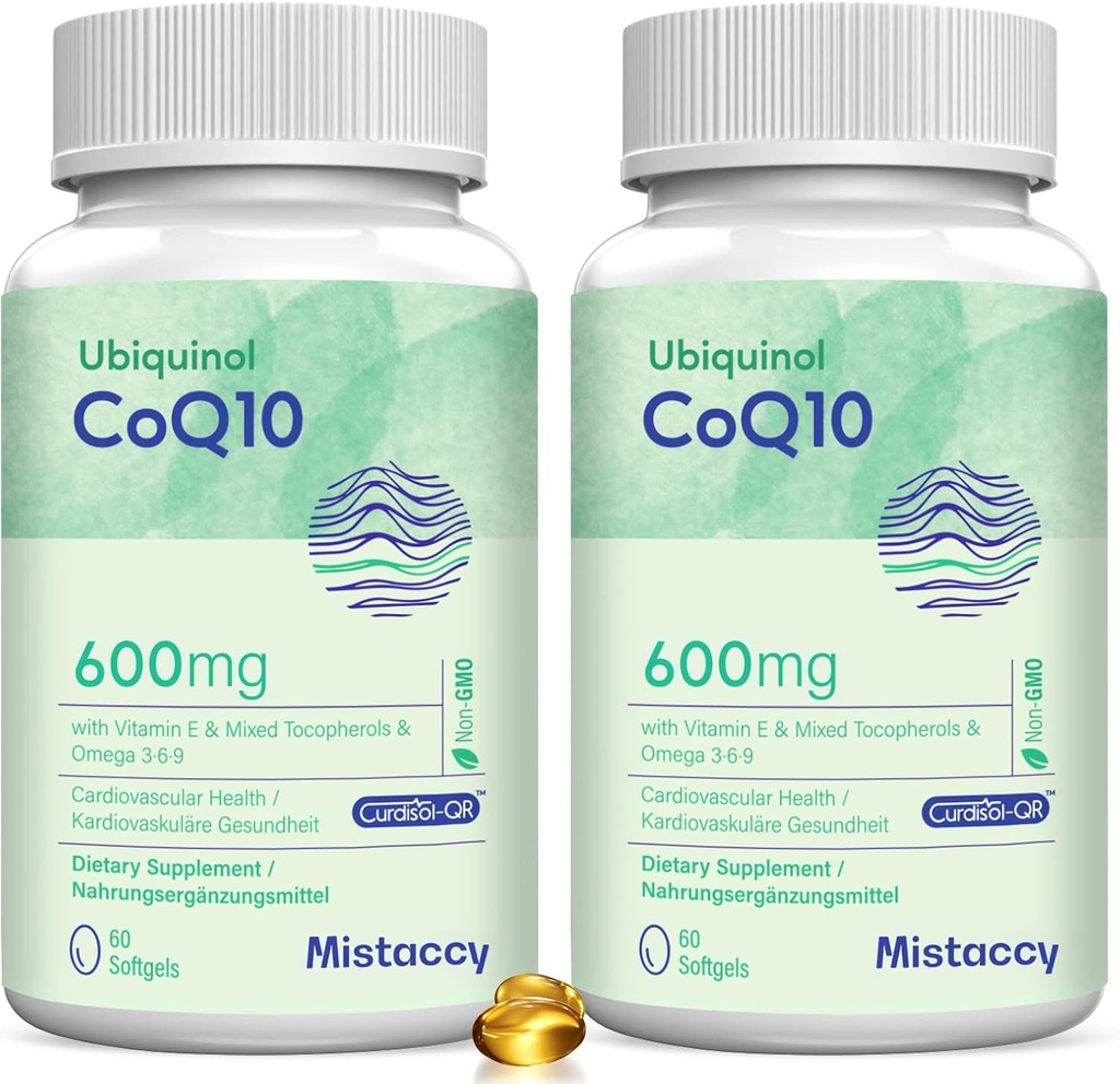 CoQ10 600mg Softgels haute absorption CoQ10 Supplément Ubiquinol Réduit forme améliorée avec la vitamine E et Omega 3 6 9