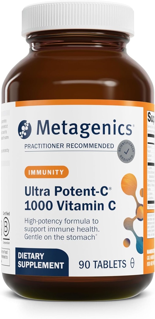 Métagène Ultra Potent-C 1000 - Supplément de vitamine C tamponné avec le soutien antioxydant - Soutien à la santé immunitaire, à la formation de collagène et au confort de l'estomac - Non-OGM et sans gluten - 90 comprimés