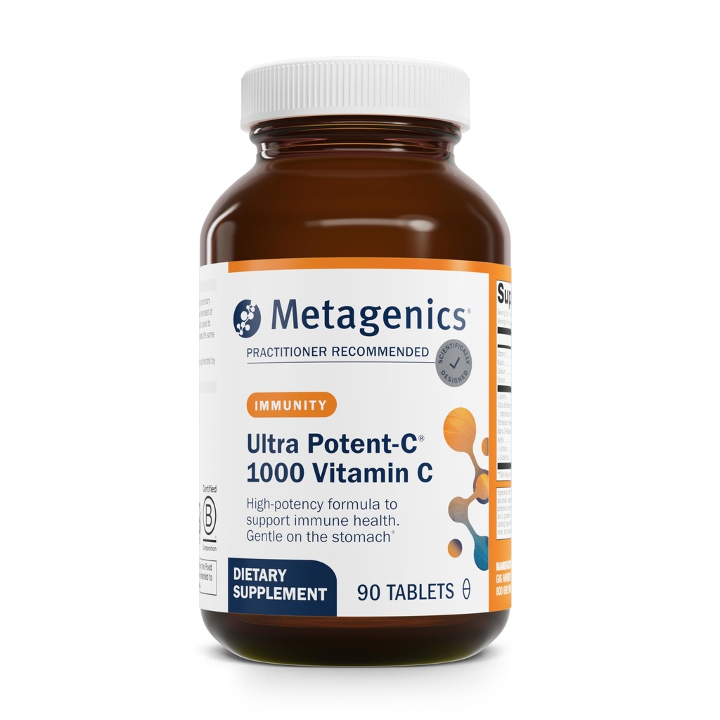 Métagène Ultra Potent-C 1000 - Supplément de vitamine C tamponné avec le soutien antioxydant - Soutien à la santé immunitaire, à la formation de collagène et au confort de l'estomac - Non-OGM et sans gluten - 90 comprimés