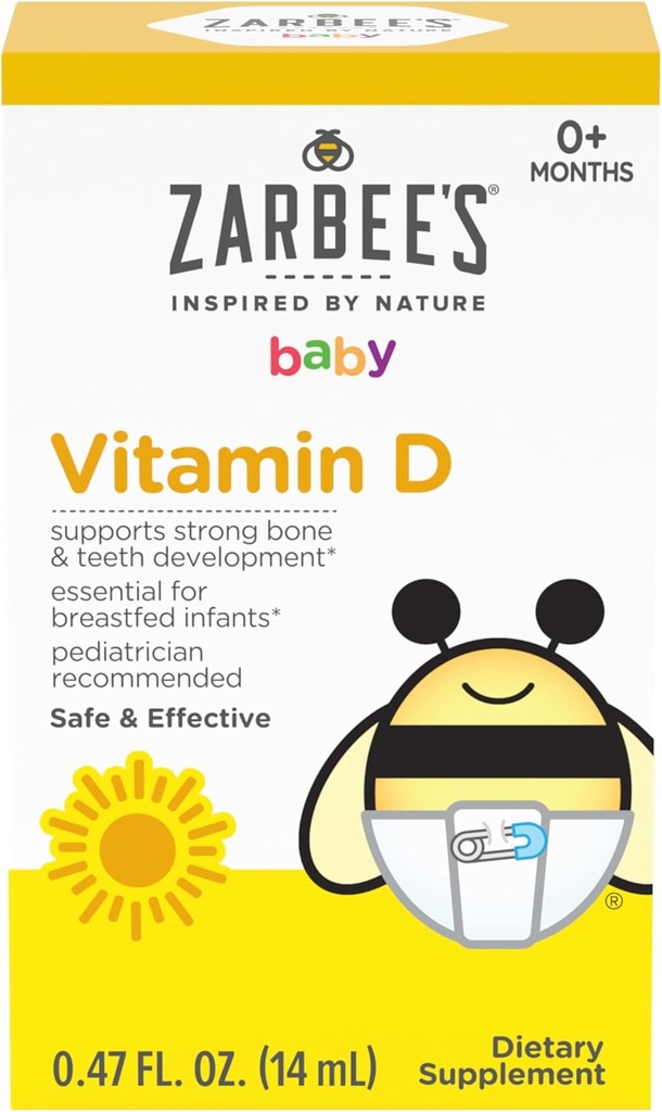 Les gouttes de vitamine D de Zarbee pour les nourrissons, 400UI (10mcg) Supplément liquide pour bébés et tout-petits, Nouveau-nés et plus, Seringue à goutte incluse, 0,47 Fl Oz