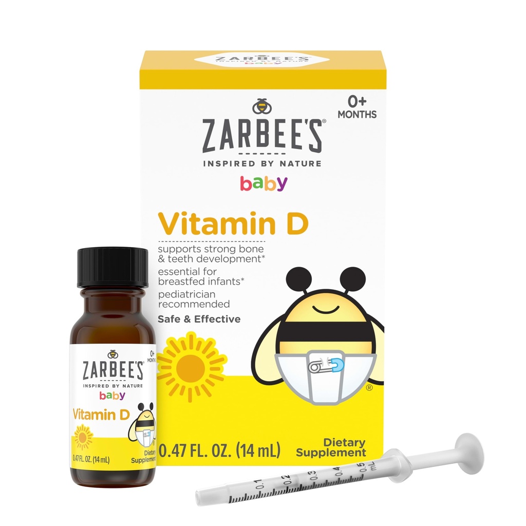 Les gouttes de vitamine D de Zarbee pour les nourrissons, 400UI (10mcg) Supplément liquide pour bébés et tout-petits, Nouveau-nés et plus, Seringue à goutte incluse, 0,47 Fl Oz