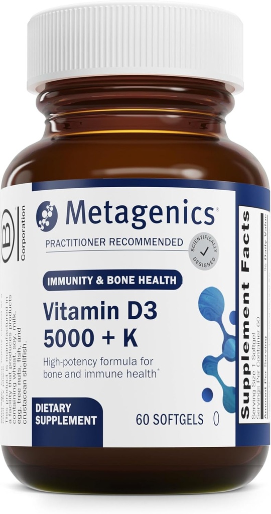 Métagène Vitamine D3 + K - pour la santé des artères, le soutien immunitaire, la santé des os et du coeur* - Vitamine D avec MK-7 (Vitamine K2) - Non-OGM - Sans gluten - 60 softgels - 5 000 UI