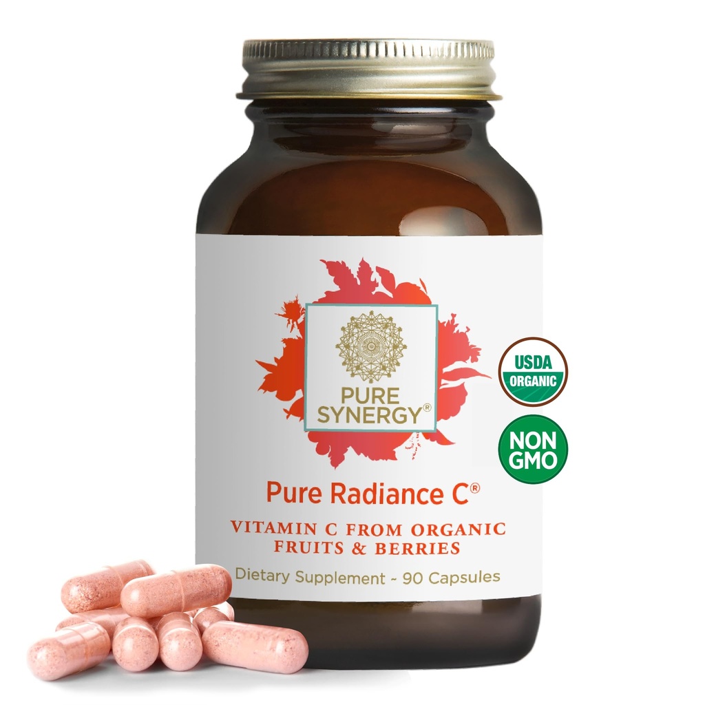 PURE SYNERGY Radiance pure C – Capsules de vitamine C biologique , Supplément alimentaire 100% entier, non-OGM, Camu Extrait Camu avec support naturel immunitaire et collagène – 90 Capsules