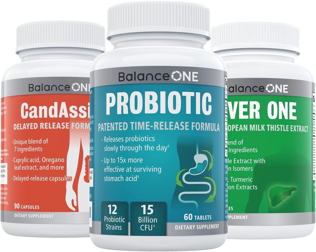 Balance ONE 3-en-1 Bundle, CandAssist, Foie One, 15 milliards CFU Probiotique, Nettoyant naturel avec l'acide caprylique