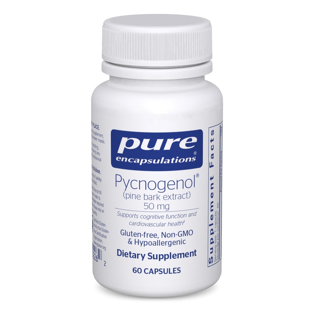 Encapsulations pures Pycnogenol (extrait d'écorce de pin) 50 mg de supplément hypoallergénique pour soutenir la fonction cognitive et la santé cardiovasculaire 60 capsules