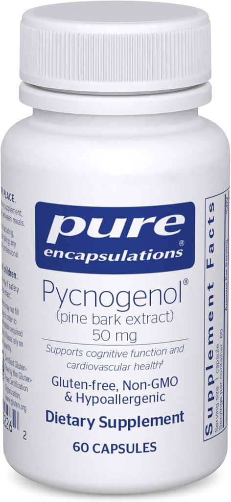 Encapsulations pures Pycnogenol (extrait d'écorce de pin) 50 mg de supplément hypoallergénique pour soutenir la fonction cognitive et la santé cardiovasculaire 60 capsules