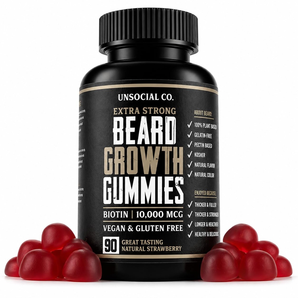 Unsocial Co. Extra forte croissance de la barbe vitamines Gummies de biotine 10000 MCG de promotion forte et épaisse croissance des cheveux pour les hommes