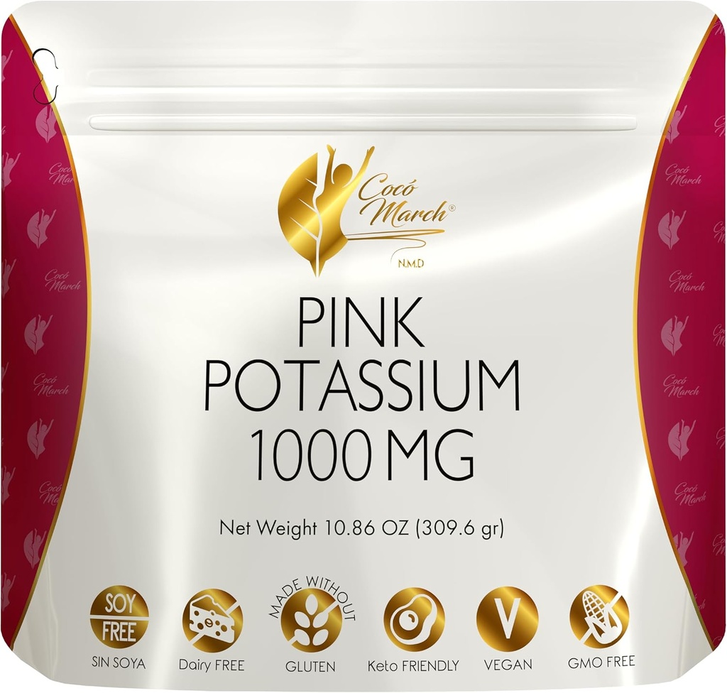Cocó March N.M.D Poudre de potassium rose - Soutient la santé cardiaque, la fonction musculaire et la santé osseuse. Sans gluten, sans produits laitiers, sans OGM, sans soja, végétalien, céto - 10,86 Oz (309,6 g)