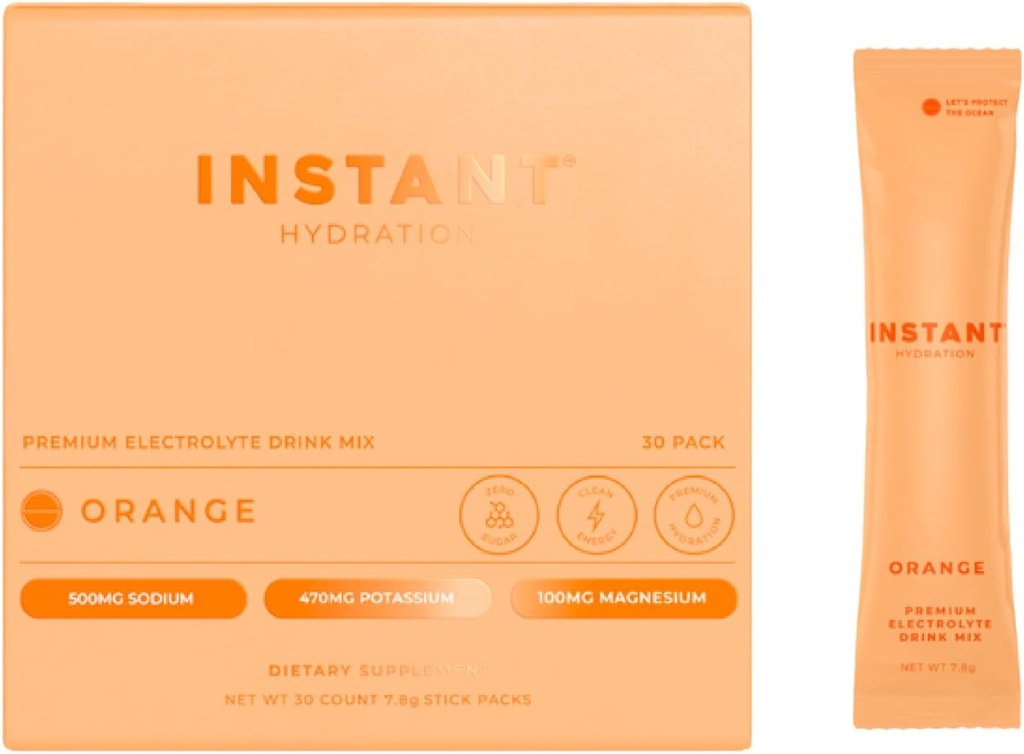 Hydratation instantanée Electrolytes Powder Packets - Citrus Orange Drink Mix - Zéro Sucre - Keto, végétalien, sans gluten, non-OGM - Boost Recovery, Crain Health, Muscle & Tissue Support- 30 bâtons