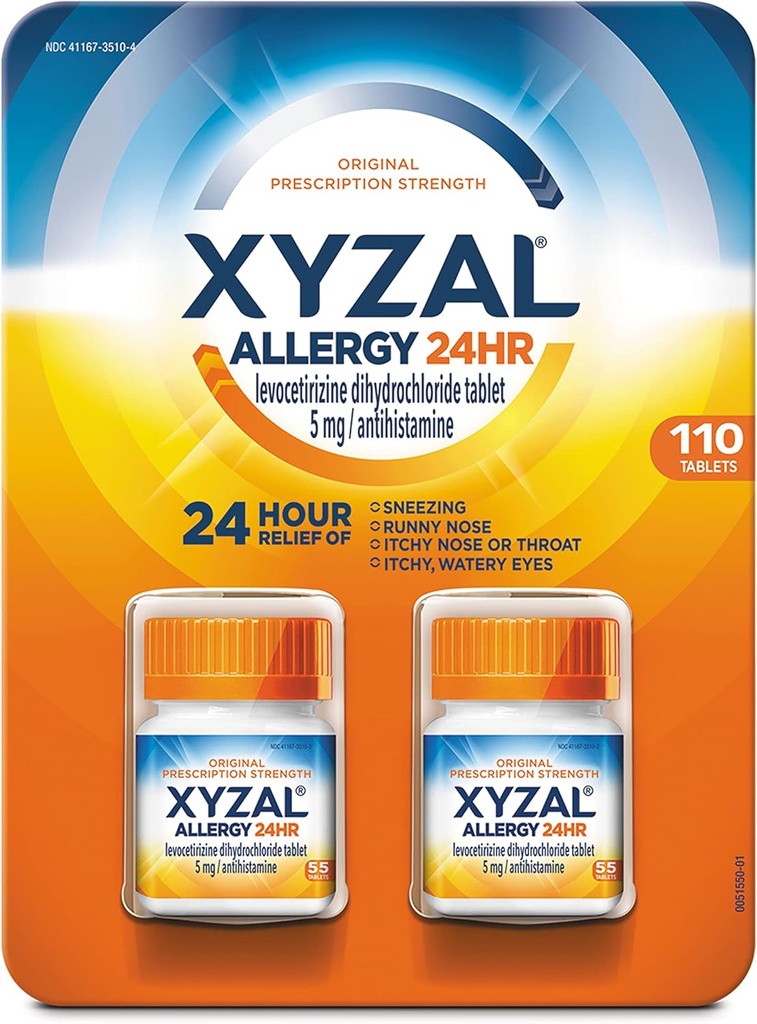 Pilules allergéniques Xyzal, soulagement de l'allergie 24 heures sur 24, force d'ordonnance originale, 55 Nombre (paquet de 2)