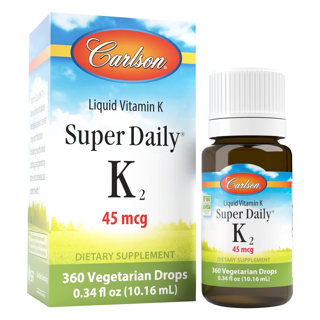 Carlson - Super Daily K2, 45 mcg Vitamine liquide K, Bone Health, K2 Vitamine, Supplément de vitamine K, Vitamine K-2 MK7, Non aromatisé, 360 gouttes (10,16 mL)
