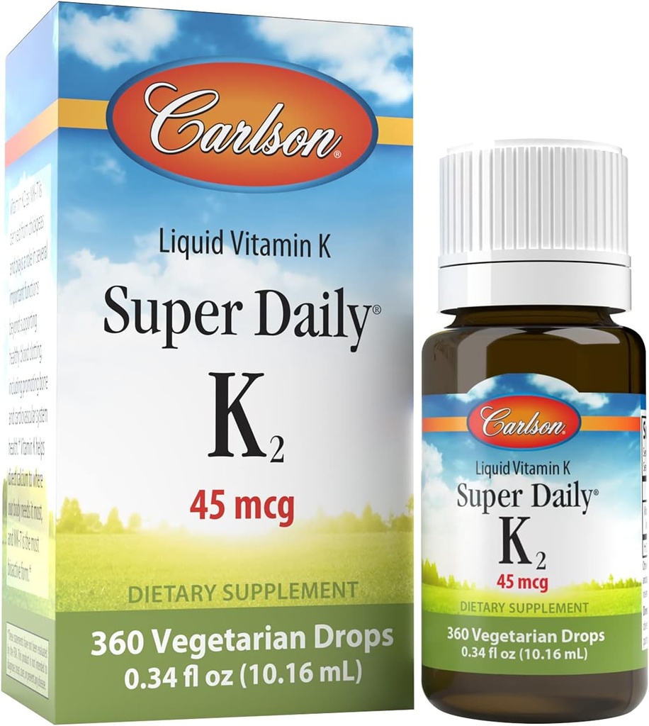 Carlson - Super Daily K2, 45 mcg Vitamine liquide K, Bone Health, K2 Vitamine, Supplément de vitamine K, Vitamine K-2 MK7, Non aromatisé, 360 gouttes (10,16 mL)