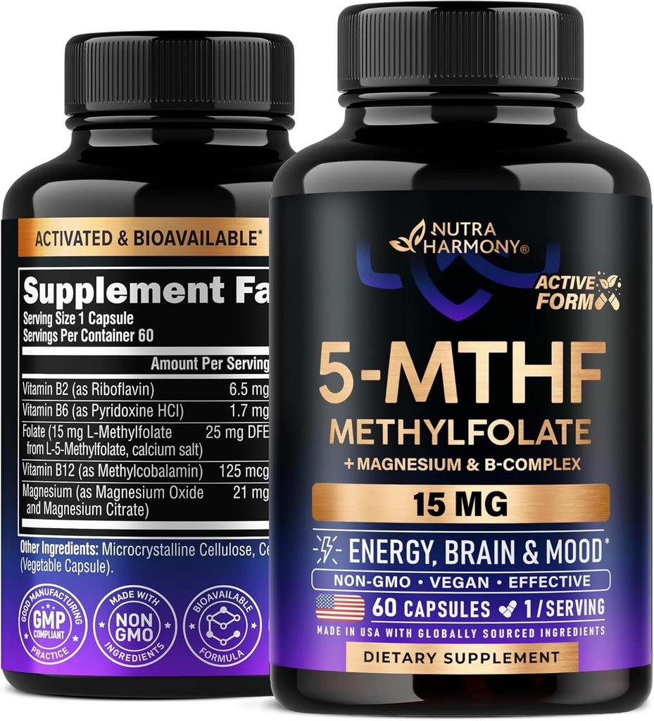 NUTRAHARMONY L Méthylfolate 15 mg - Supplément 5-MTHF méthylfolate Plus Méthyl B12, Vitamines B2 & B6, Magnésium - Fabriqué aux États-Unis, 60 Capsules pour 2 mois